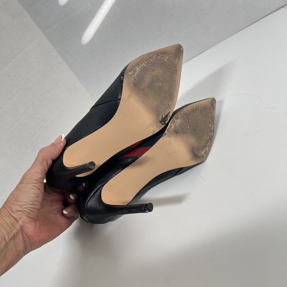 Steve Madden Vira Mid High 4” Heeled Boots Size 7 Black Leather Stripes Red Blue - Picture 9 of 12